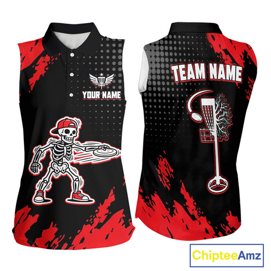 Skull Womens Sleeveless Disc Golf Polo Shirt Custom Name Black And Red Disc Golf Basket Golf Shirts NHN0049