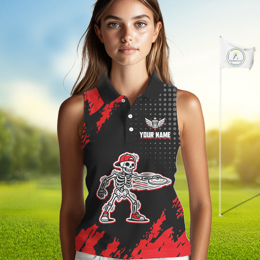 Skull Womens Sleeveless Disc Golf Polo Shirt Custom Name Black And Red Disc Golf Basket Golf Shirts NHN0049
