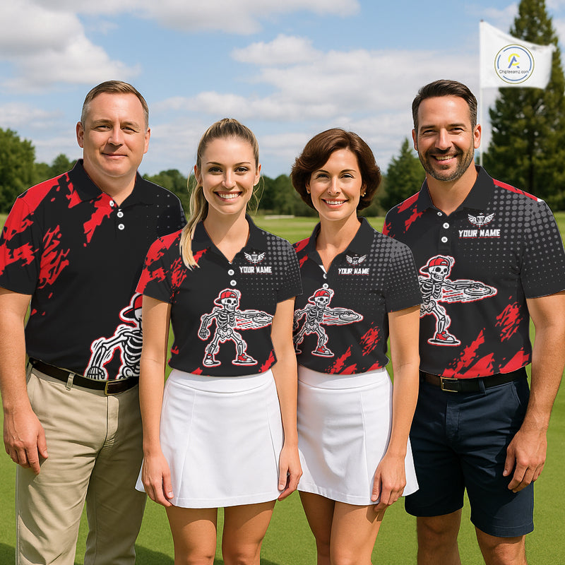 Skull Mens Disc Golf Polo Shirt Custom Name Black And Red Disc Golf Basket Personalized Golf Shirts NHN0049