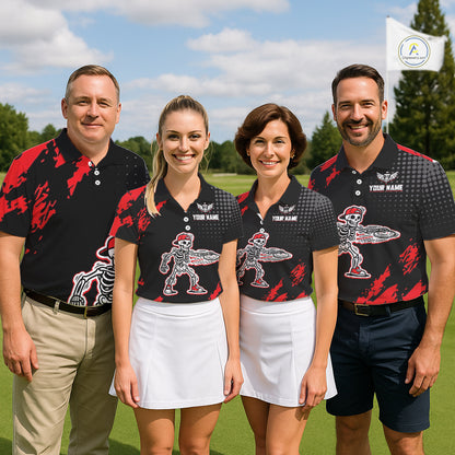 Skull Mens Disc Golf Polo Shirt Custom Name Black And Red Disc Golf Basket Personalized Golf Shirts NHN0049