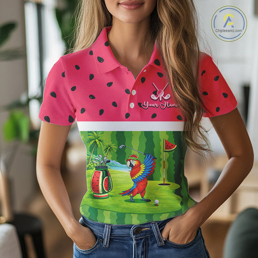 Funny Womens Golf Polo Shirt Custom Watermelon Tropical Pattern, Parrot Golf Shirts For Team NHN0183