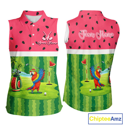 Funny Womens Sleeveless Golf Polo Shirt Custom Watermelon Tropical, Parrot Golf Shirts For Team NHN0183