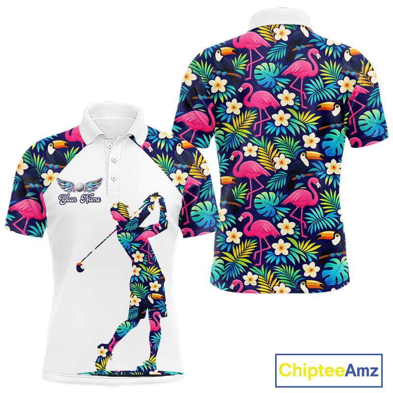 Mens Golf Polo Shirt Custom Toucan Tropical Leaf Pattern Flamingo Golf Shirts For Men NHN0099