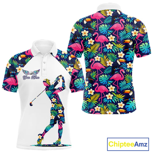 Mens Golf Polo Shirt Custom Toucan Tropical Leaf Pattern Flamingo Golf Shirts For Men NHN0099