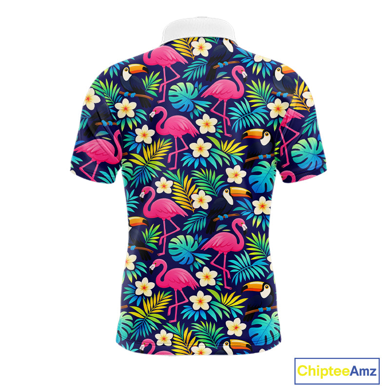 Mens Golf Polo Shirt Custom Toucan Tropical Leaf Pattern Flamingo Golf Shirts For Men NHN0099