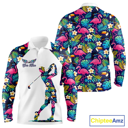 Long Sleeve Golf Polo Shirt Custom Toucan Tropical Floral Pattern, Flamingo Golf Shirts For Men NHN0099