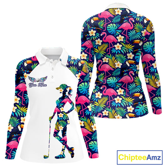 Womens Long Sleeve Golf Polo Shirt Custom Tropical Pattern, Flamingo Golf Shirts For Ladies NHN0099