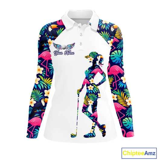 Womens Long Sleeve Golf Polo Shirt Custom Tropical Pattern, Flamingo Golf Shirts For Ladies NHN0099