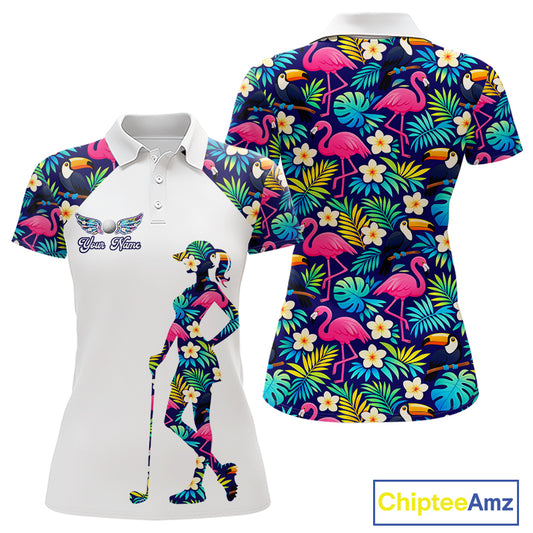 Womens Golf Polo Shirt Custom Toucan Tropical Pattern, Flamingo Golf Shirts For Ladies NHN0099