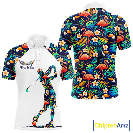 Funny Mens Golf Polo Shirt Custom Toucan Tropical Pattern, Flamingo Golf Shirts For Men NHN0099
