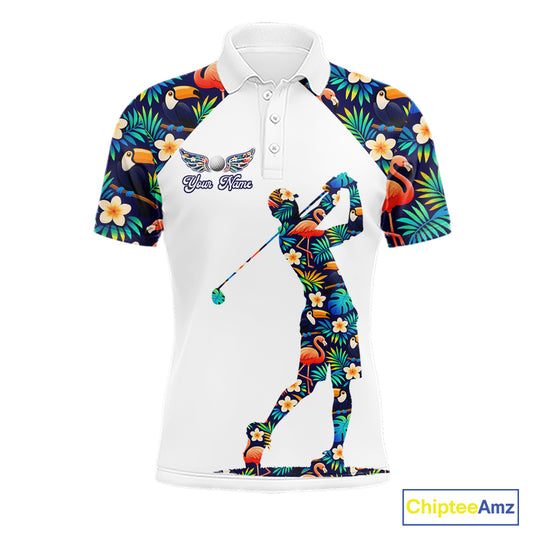 Funny Mens Golf Polo Shirt Custom Toucan Tropical Pattern, Flamingo Golf Shirts For Men NHN0099