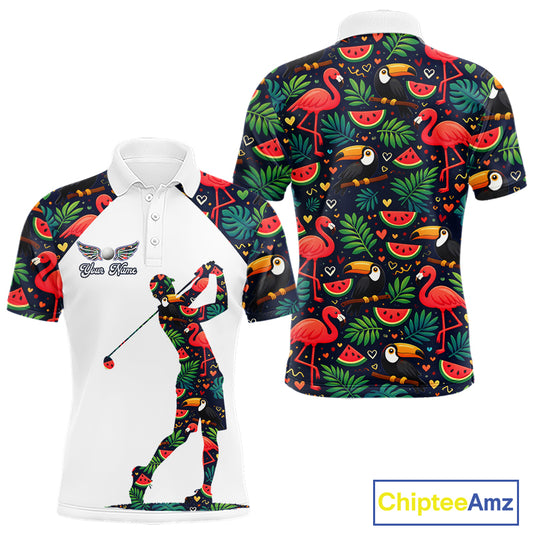 Funny Mens Golf Polo Shirt Custom Tropical Summer Pattern Flamingo Golf Shirts For Men NHN0099