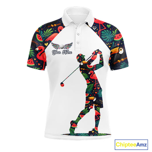 Funny Mens Golf Polo Shirt Custom Tropical Summer Pattern Flamingo Golf Shirts For Men NHN0099