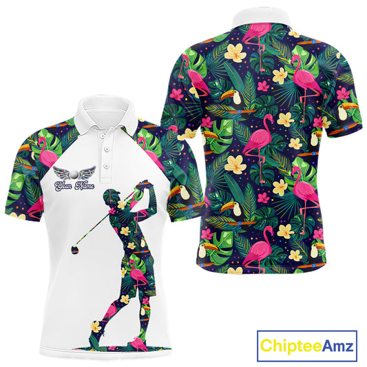 Funny Mens Golf Polo Shirt Custom Floral Tropical Leaf Pattern Flamingo Golf Shirt For Men NHN0099