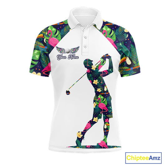 Funny Mens Golf Polo Shirt Custom Floral Tropical Leaf Pattern Flamingo Golf Shirt For Men NHN0099