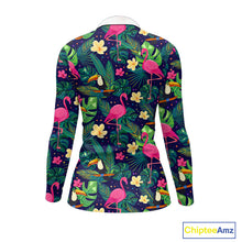 Load image into Gallery viewer, Funny Womens Long Sleeve Golf Polo Shirt Custom Tropical Pattern, Flamingo Golf Shirt For Ladies NHN0099