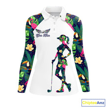 Load image into Gallery viewer, Funny Womens Long Sleeve Golf Polo Shirt Custom Tropical Pattern, Flamingo Golf Shirt For Ladies NHN0099