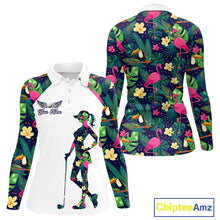 Load image into Gallery viewer, Funny Womens Long Sleeve Golf Polo Shirt Custom Tropical Pattern, Flamingo Golf Shirt For Ladies NHN0099