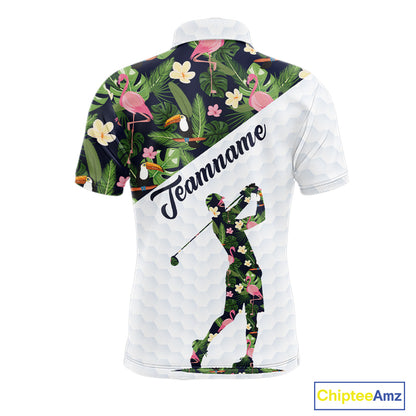 Mens Golf Polo Shirt Custom Toucan Tropical Leaf Pattern Flamingo Golf Shirts For Men NHN0192