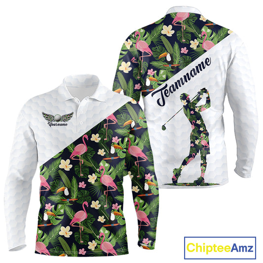 Long Sleeve Golf Polo Shirt Custom Toucan Tropical Floral Pattern, Flamingo Golf Shirts For Men NHN0192
