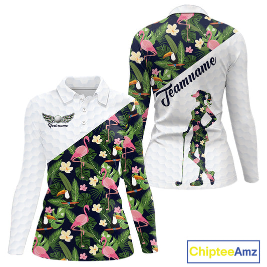 Womens Long Sleeve Golf Polo Shirt Custom Tropical Pattern, Flamingo Golf Shirts For Ladies NHN0192