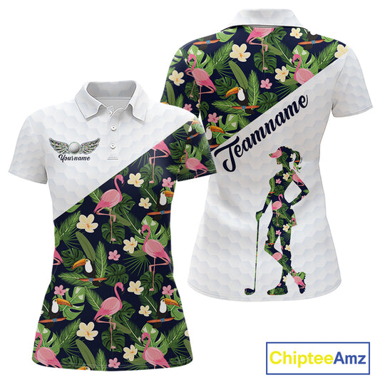 Womens Golf Polo Shirt Custom Toucan Tropical Pattern, Flamingo Golf Shirts For Ladies NHN0192