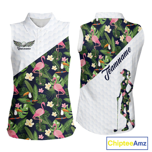 Womens Sleeveless Golf Polo Shirt Custom Tropical Pattern, Flamingo Golf Shirts For Ladies NHN0192