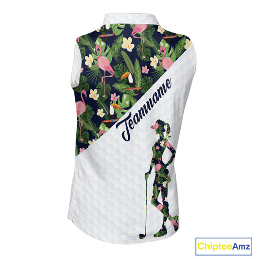 Womens Sleeveless Golf Polo Shirt Custom Tropical Pattern, Flamingo Golf Shirts For Ladies NHN0192