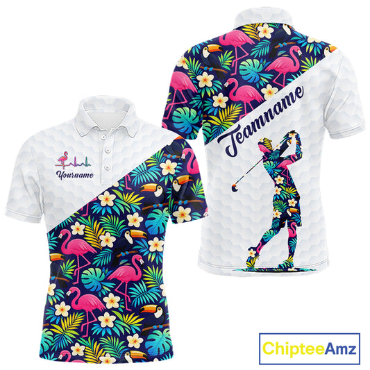 Funny Mens Golf Polo Shirt Custom Toucan Tropical Pattern, Flamingo Golf Shirts For Men NHN0192
