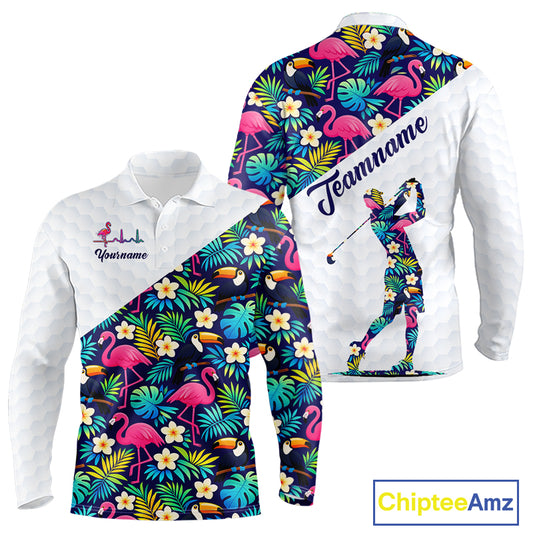 Funny Long Sleeve Golf Polo Shirt Custom Toucan Tropical Floral Pattern, Flamingo Golf Shirt For Men NHN0192