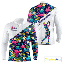 Load image into Gallery viewer, Funny Long Sleeve Golf Polo Shirt Custom Toucan Tropical Floral Pattern, Flamingo Golf Shirt For Men NHN0192
