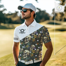 Load image into Gallery viewer, Funny Mens Golf Polo Shirts Custom Green Tropical Leaf Pattern Personalized Skull Golf Shirts For Men NHN0071