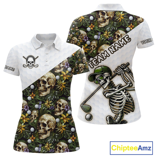 Funny Womens Golf Polo Shirt Custom Green Tropical Pattern Golf Ball Personalized Skull Golf Shirts NHN0071