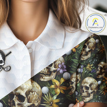 Load image into Gallery viewer, Funny Womens Golf Polo Shirt Custom Green Tropical Pattern Golf Ball Personalized Skull Golf Shirts NHN0071