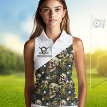 Load image into Gallery viewer, Funny Womens Sleeveless Golf Polo Shirts Custom Green Tropical Pattern Personalized Skull Golf Shirts NHN0071