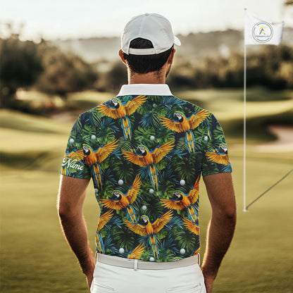 Mens Golf Polo Shirt Custom Colorful Parrots And Floral Tropical Pattern Team Golf Shirts, Golf Gifts NHN0093