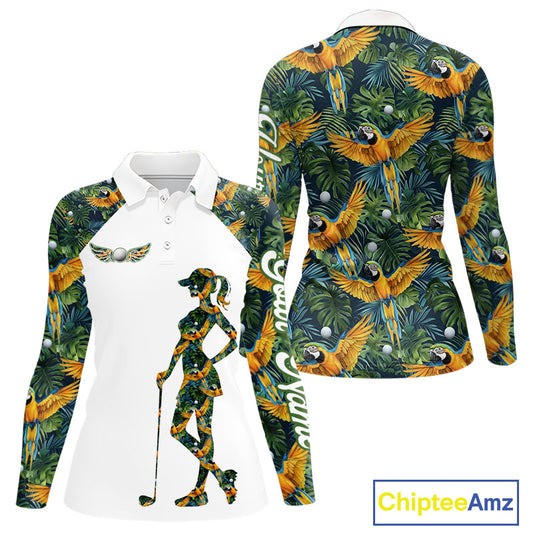 Womens Long Sleeve Golf Polo Shirt Custom Colorful Parrots And Floral Tropical Pattern Team Golf Shirts NHN0093