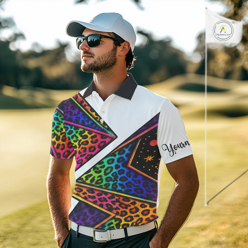Rainbow Mens Golf Polo Shirt Leopard Print Pattern Custom Golf Ball Team Golf Tops, Golf Gifts NHN0226