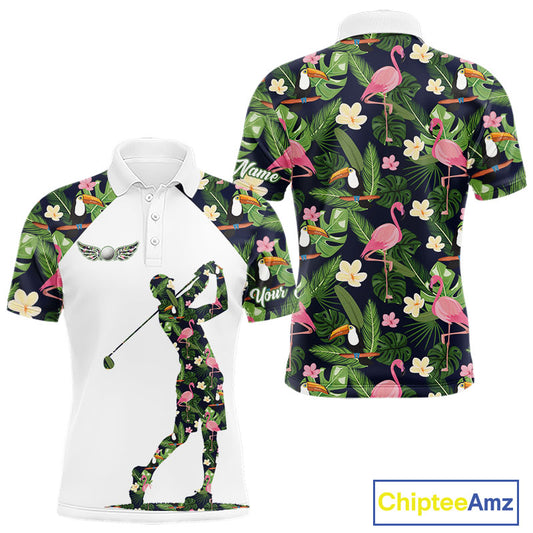 Funny Mens Golf Polo Shirt Custom Tropical Leaf Pattern Personalized Flamingo Golf Shirts For Men NHN0099
