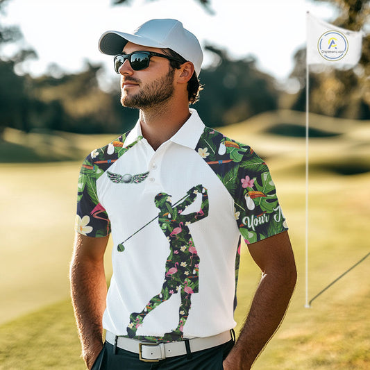 Funny Mens Golf Polo Shirt Custom Tropical Leaf Pattern Personalized Flamingo Golf Shirts For Men NHN0099
