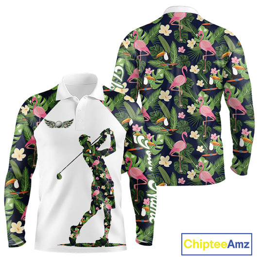 Funny Long Sleeve Golf Polo Shirt Custom Tropical Floral Pattern, Flamingo Golf Shirts For Men NHN0099