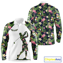 Load image into Gallery viewer, Funny Long Sleeve Golf Polo Shirt Custom Tropical Floral Pattern, Flamingo Golf Shirts For Men NHN0099