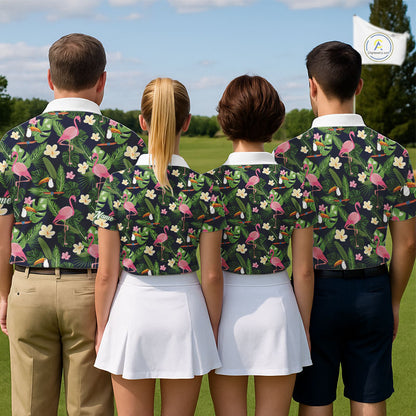 Funny Womens Golf Polo Shirt Custom Tropical Pattern, Flamingo Golf Shirts For Ladies NHN0099
