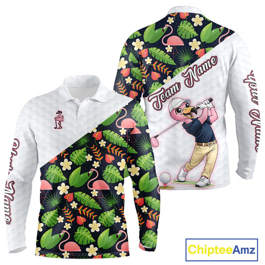 Funny Long Sleeve Golf Polo Shirt Custom Colorful Floral Flamingo Pattern, Tropical Mens Golf Polo NHN0106