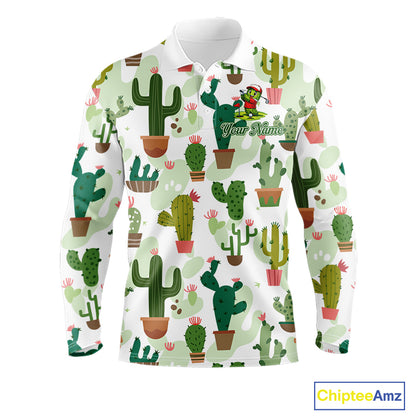Funny Cactus Flower Long Sleeve Golf Polo Shirt Custom Name Golf Tops, Cactus Golf Shirt Personalized NHN0237