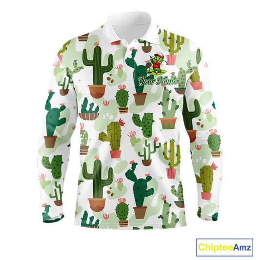 Funny Cactus Flower Long Sleeve Golf Polo Shirt Custom Name Golf Tops, Cactus Golf Shirt Personalized NHN0237
