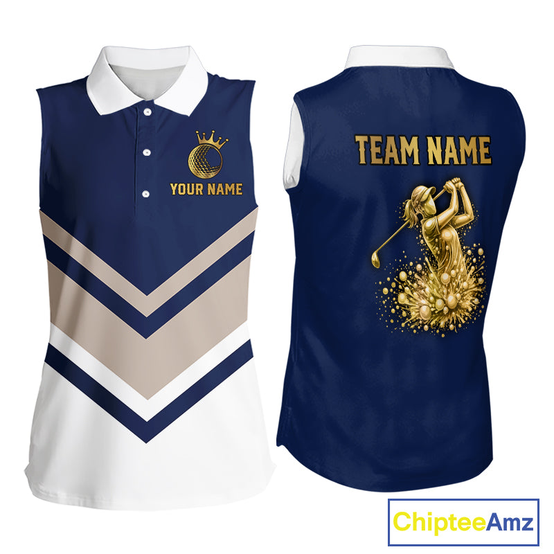 Blue And White Womens Sleeveless Golf Polo Shirt Custom Gold Golfer Swing & Golf Ball Team Golf Polo NHN0115