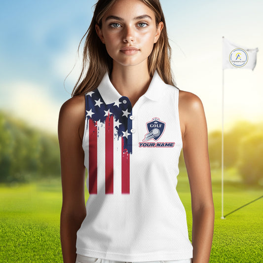 American Flag Womens Sleeveless Golf Polo Shirt Custom Red, White And Blue Patriotic Team Golf Jersey NHN0118