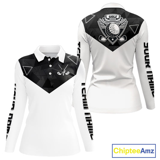 Womens Long Sleeve Golf Polo Shirt Black Geometric Triangle Pattern Custom Name White Golf Tops NHN0122