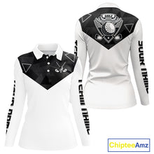 Load image into Gallery viewer, Womens Long Sleeve Golf Polo Shirt Black Geometric Triangle Pattern Custom Name White Golf Tops NHN0122